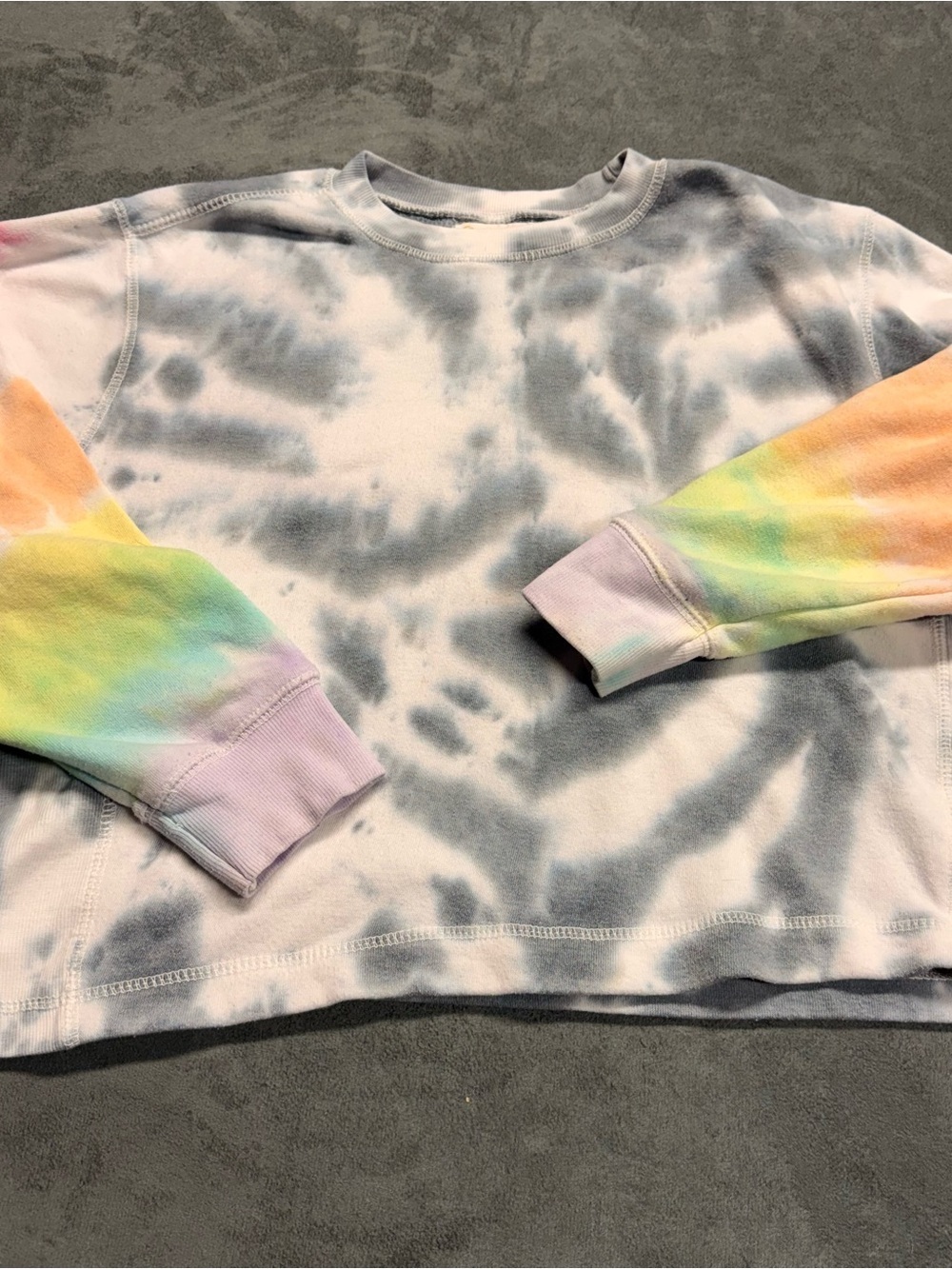 Ocean Drive Kids Tie-Dye Sweatshirt in Gray with Pastel Rainbow Sleeves